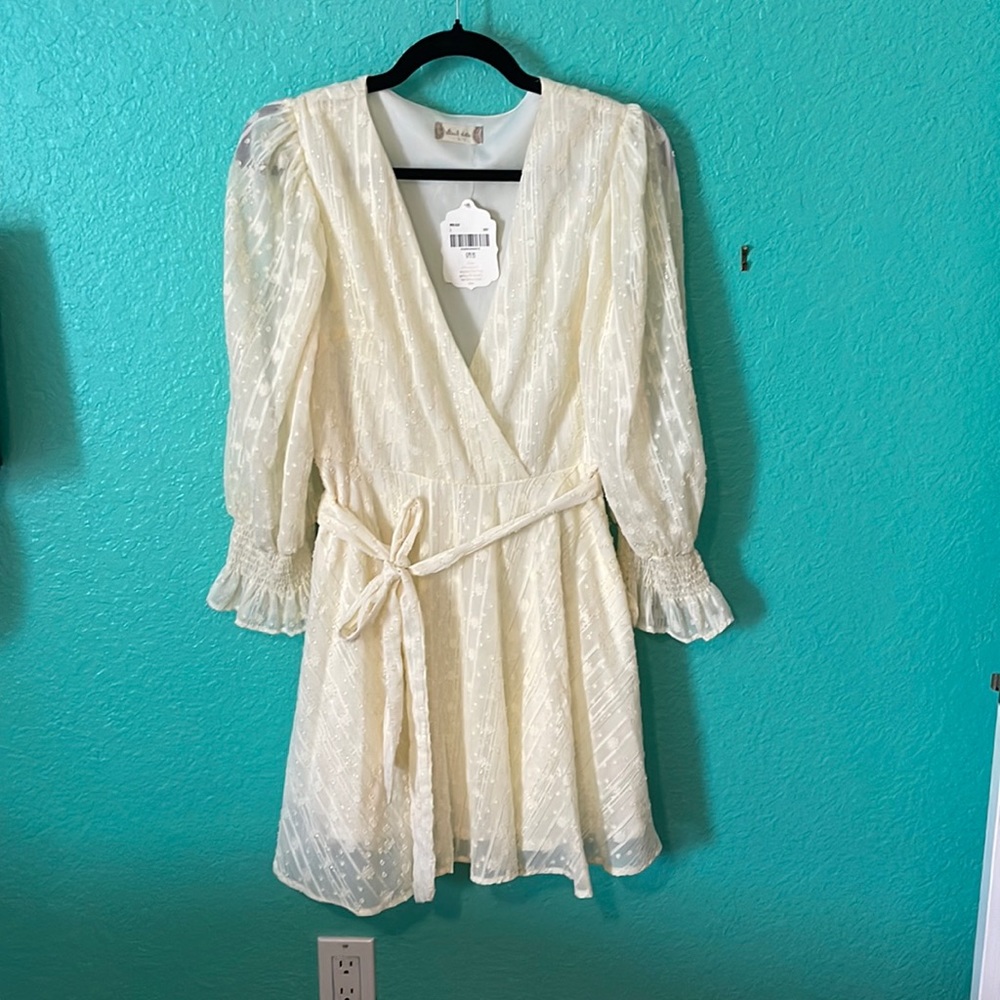 NWT Altar’s State cream with gold accents dress. Long sleeve, no zippers, v neck